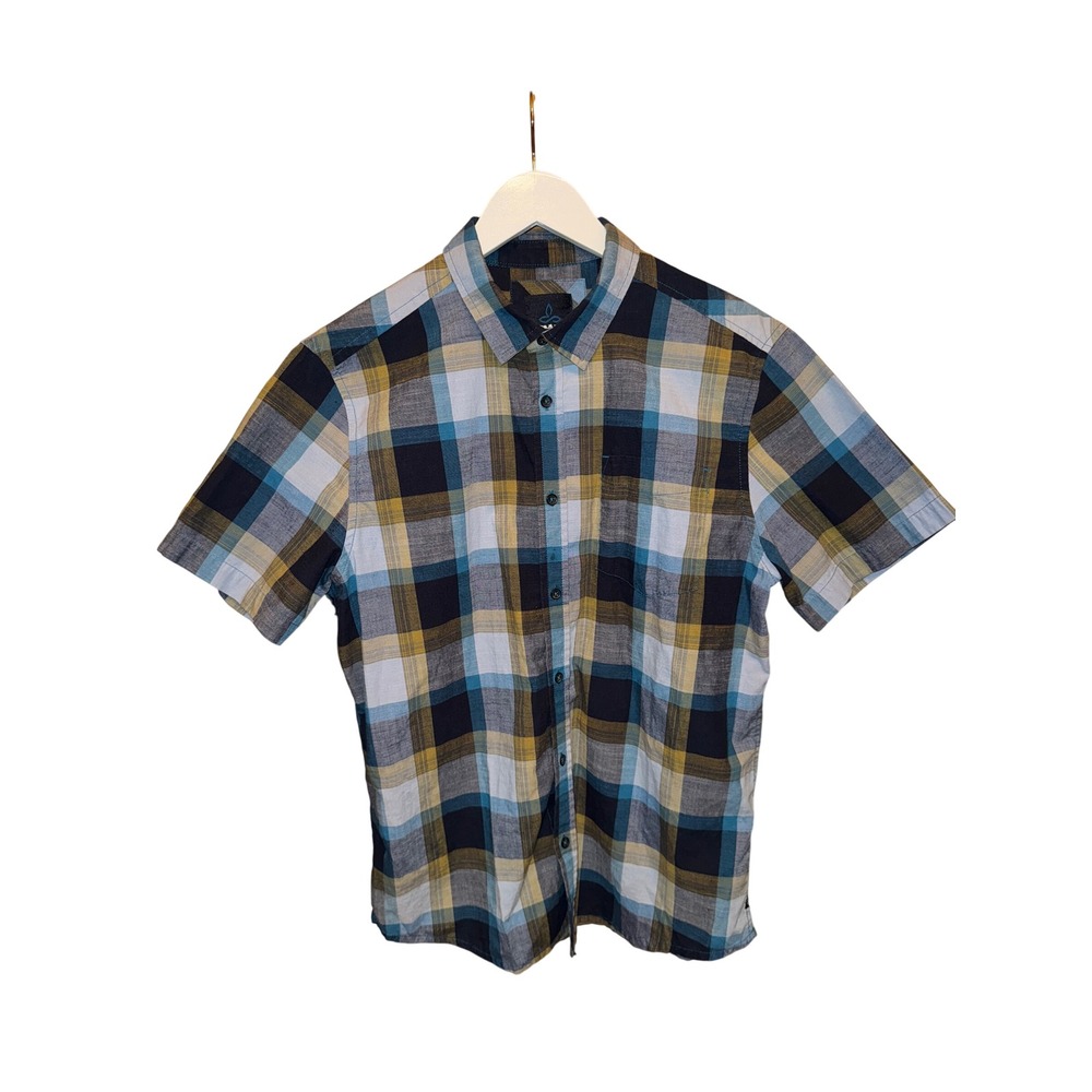 Prana Mens‎ Medium Plaid Short Sleeve Organic Cotton Recycled Polyester Shirt